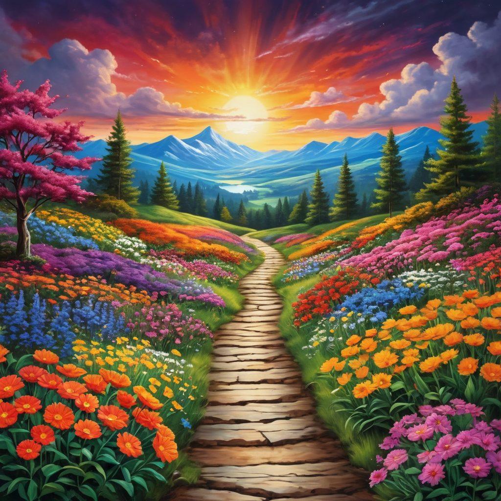 A serene landscape transitioning from dark, gloomy clouds to a bright, sunny sky, with a path lined by ten vibrant and unique symbols representing happiness practices like meditation, laughter, nature walks, gratitude journal and others. Each symbol radiates colorful energy, inviting viewers to explore the journey from sorrow to joy. Bright flowers bloom along the path, showcasing vivid colors contrasting against the dark backdrop. cheerful and uplifting style. vibrant colors. super-realistic.