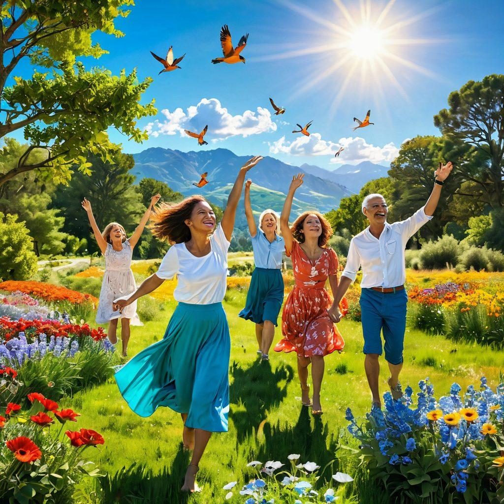 A radiant sun shining over a picturesque landscape filled with blooming flowers and lush greenery. A diverse group of people, of different ages and backgrounds, share joyful moments like laughing, dancing, and engaging in hobbies. Bright splashes of color envelop the scene, emphasizing a sense of exhilaration and positivity. Birds soar in the clear blue sky while a gentle breeze stirs the leaves, enhancing the feeling of exuberance. vibrant colors. super-realistic.