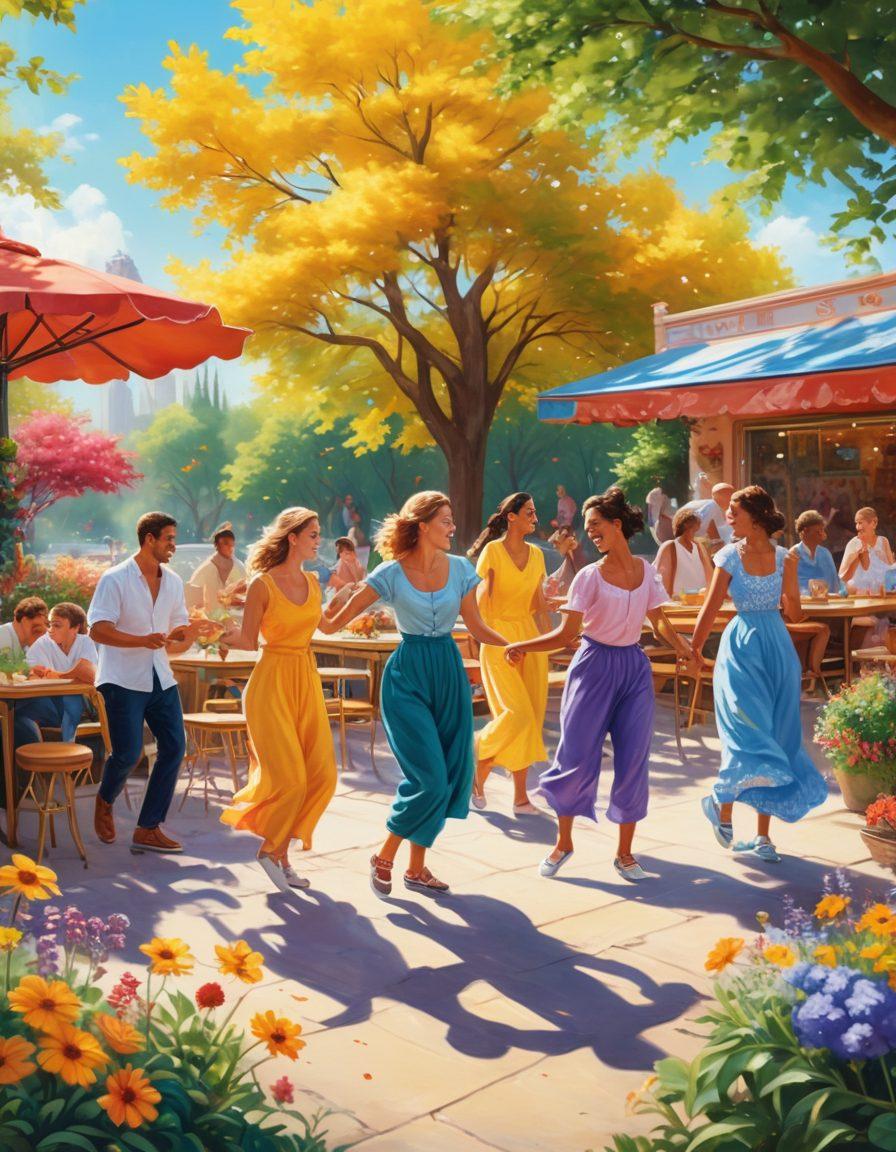 A vibrant scene depicting diverse individuals engaging in joyful activities such as dancing in a sunlit park, painting colorful murals, and sharing laughter at a cozy outdoor café. Surround them with blooming flowers and playful animals to evoke a sense of elation and positivity. The overall mood should be of warmth and happiness. super-realistic. vibrant colors. sunny background.
